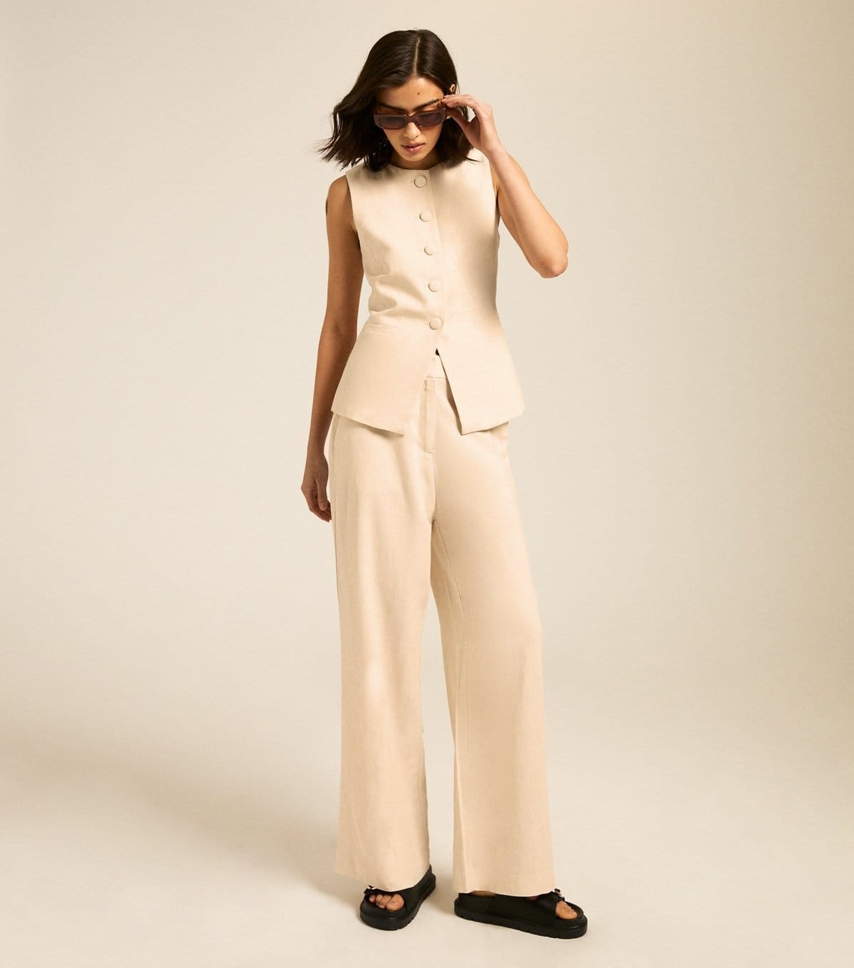New Look Stone Linen Blend Wide Leg Trousers
