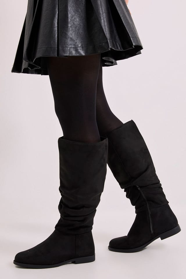 Dorothy Perkins Dorothy Perkins Women's Karina Faux Suede Flat Knee High Ruched Boots in Natural Black - 2