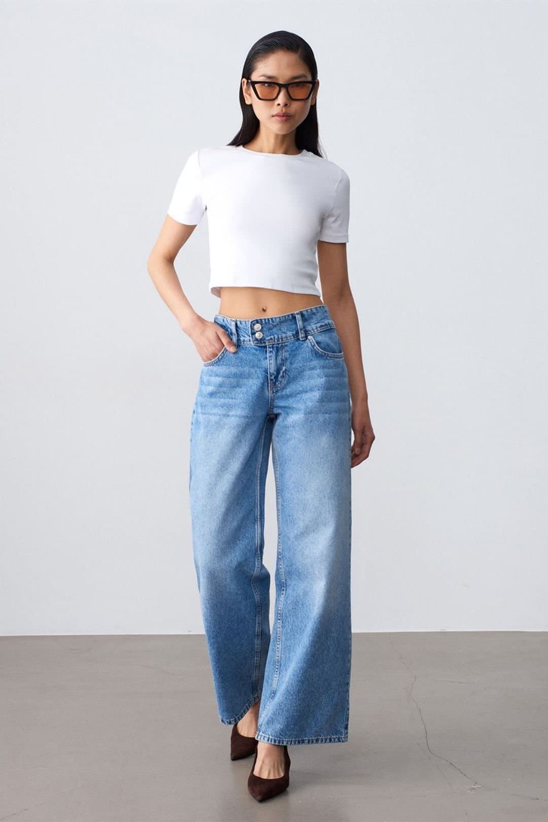 Dilvin Dilvin Women's High-Waist Wide-Leg Cotton Jeans in Mid Blue