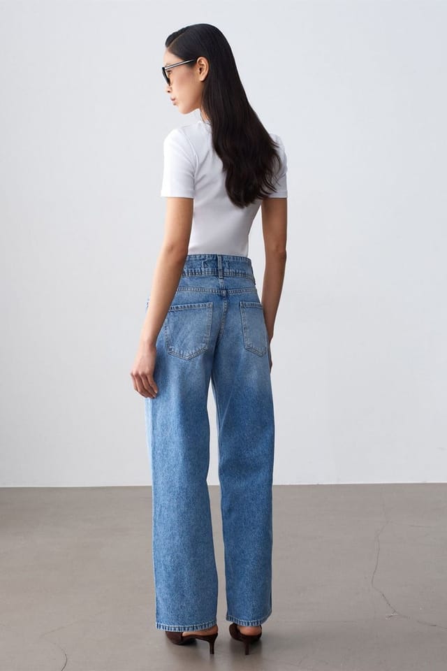 Dilvin Dilvin Women's High-Waist Wide-Leg Cotton Jeans in Mid Blue - 2