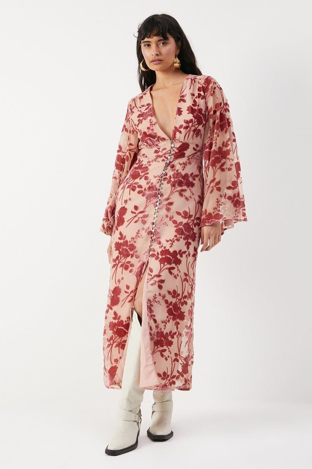 Warehouse Warehouse Women's Velvet Plunge Neck Flared Sleeve Button Through Midi Dress in Red