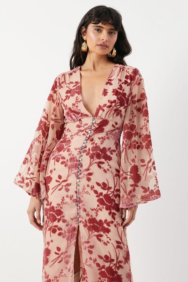 Warehouse Warehouse Women's Velvet Plunge Neck Flared Sleeve Button Through Midi Dress in Red - 2