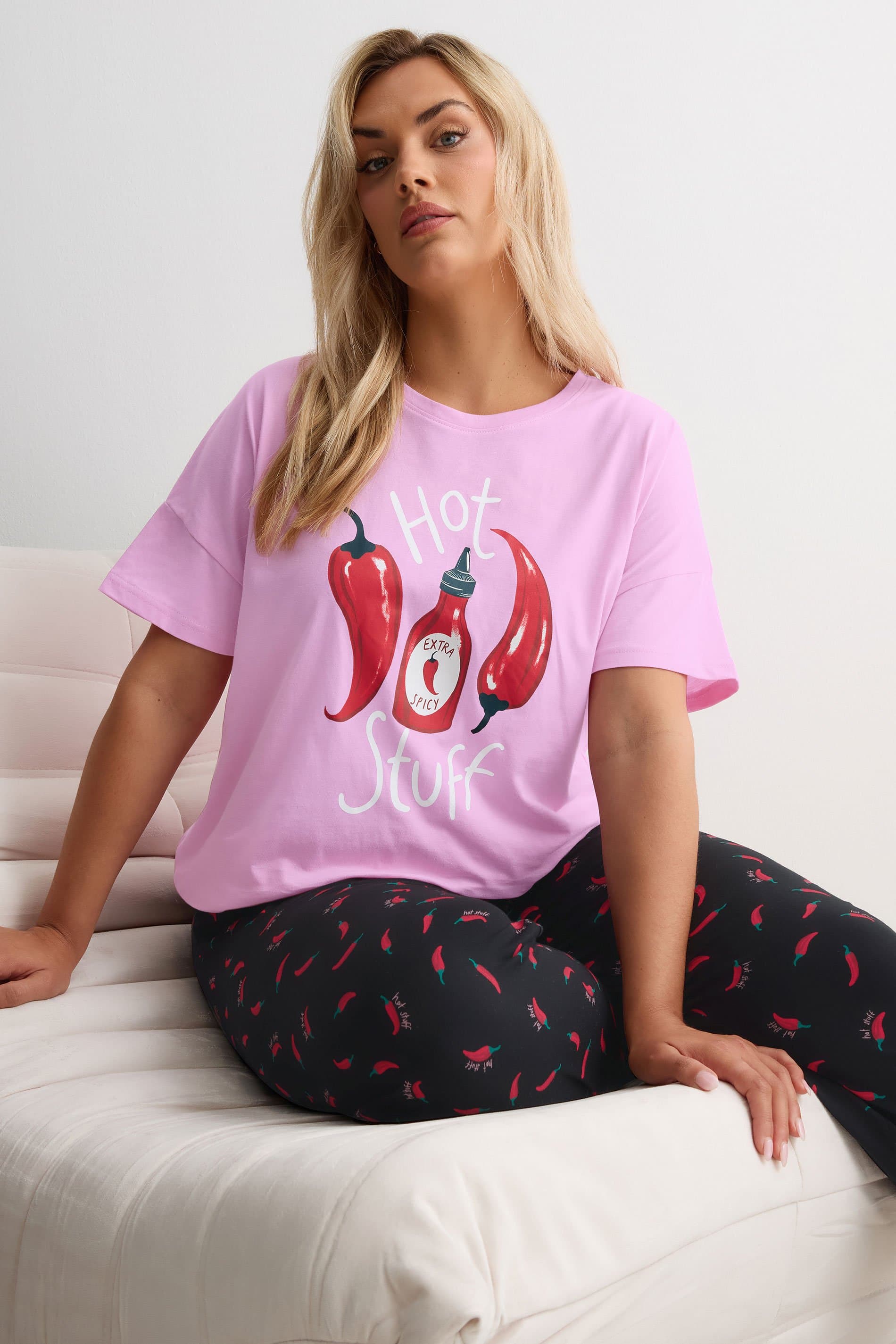 Yours Plus Size Pink 'Hot Stuff' Wide Leg Striped Pyjama Set