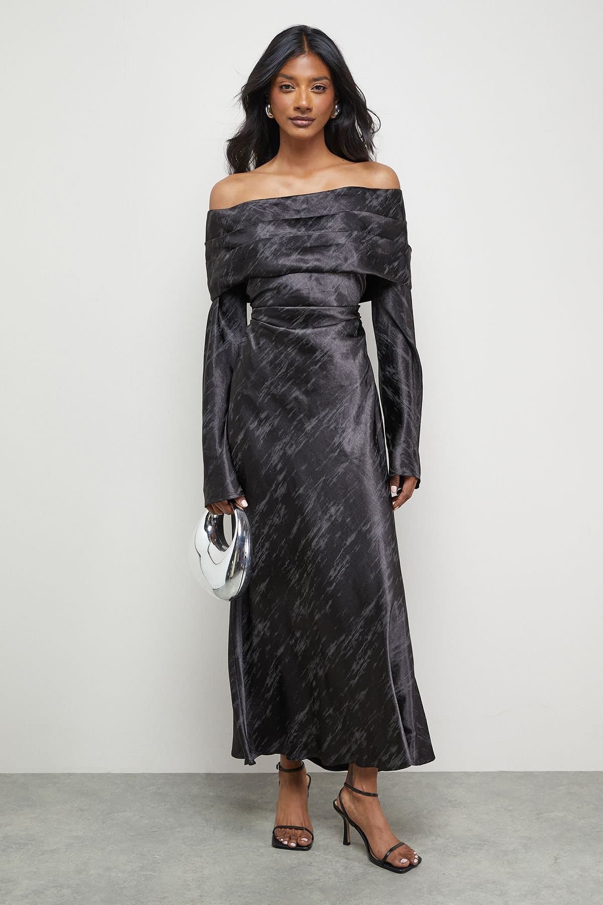 Warehouse Warehouse Women's Shimmer Satin Foldover Bardot Bias Midi Dress in Black