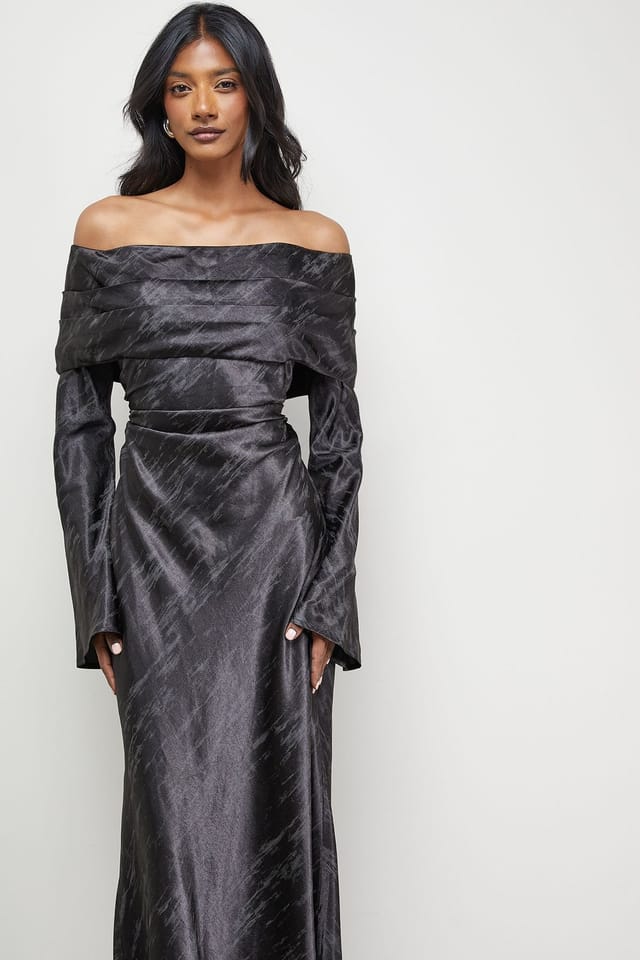 Warehouse Warehouse Women's Shimmer Satin Foldover Bardot Bias Midi Dress in Black - 2