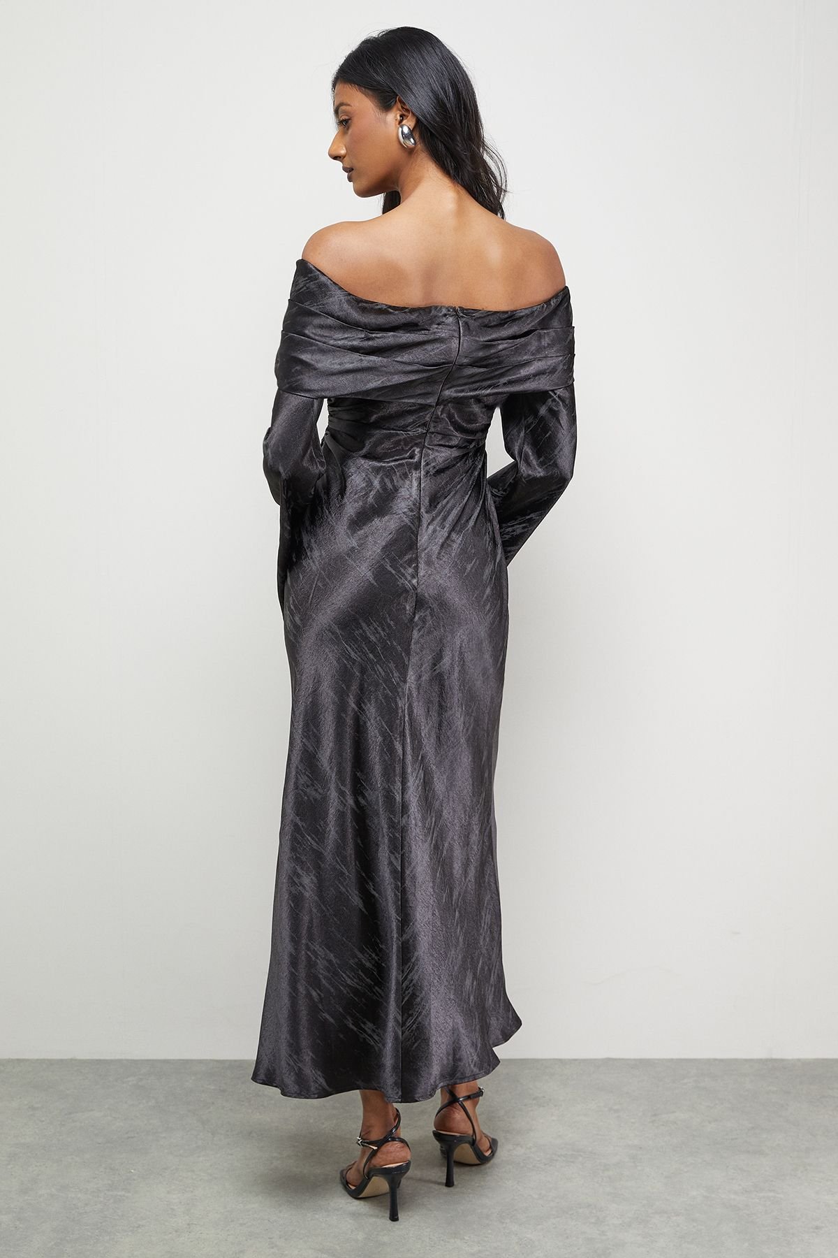 Warehouse Warehouse Women's Shimmer Satin Foldover Bardot Bias Midi Dress in Black - 3