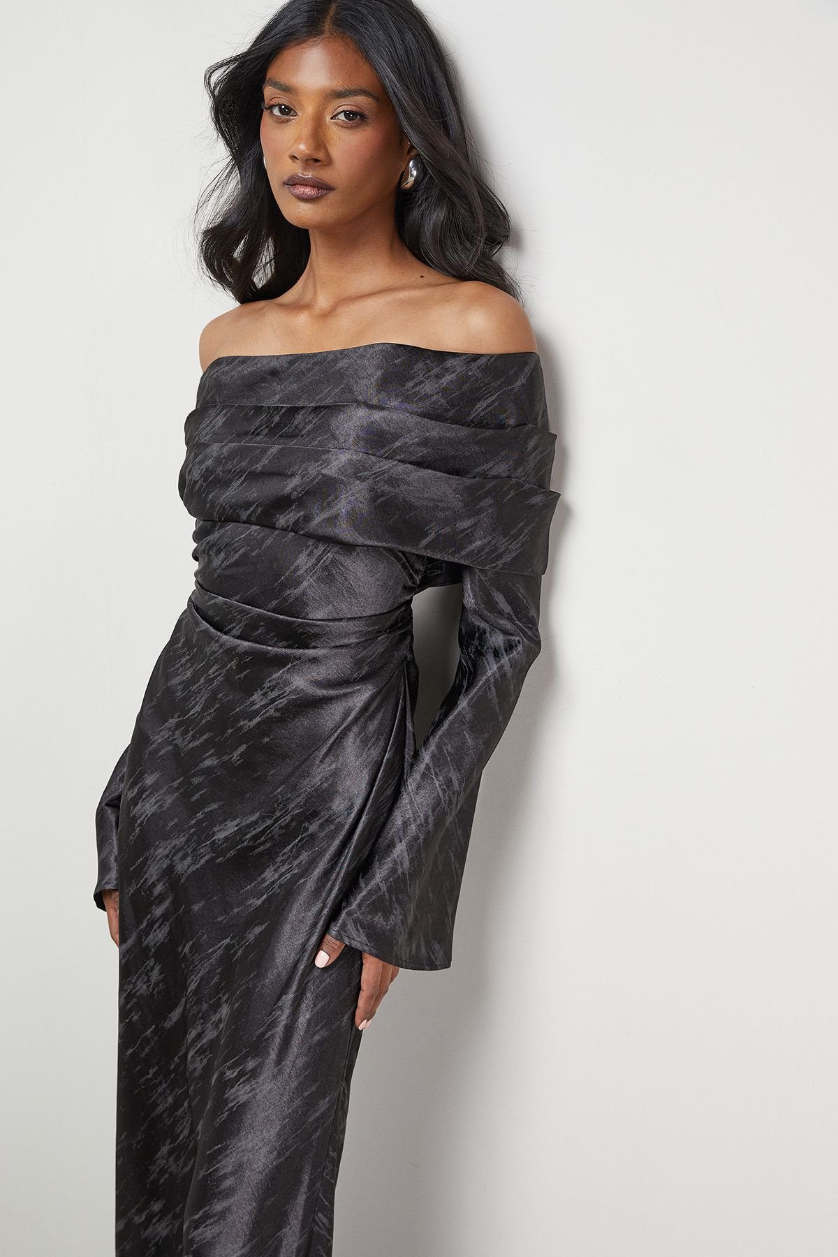 Warehouse Warehouse Women's Shimmer Satin Foldover Bardot Bias Midi Dress in Black - 4