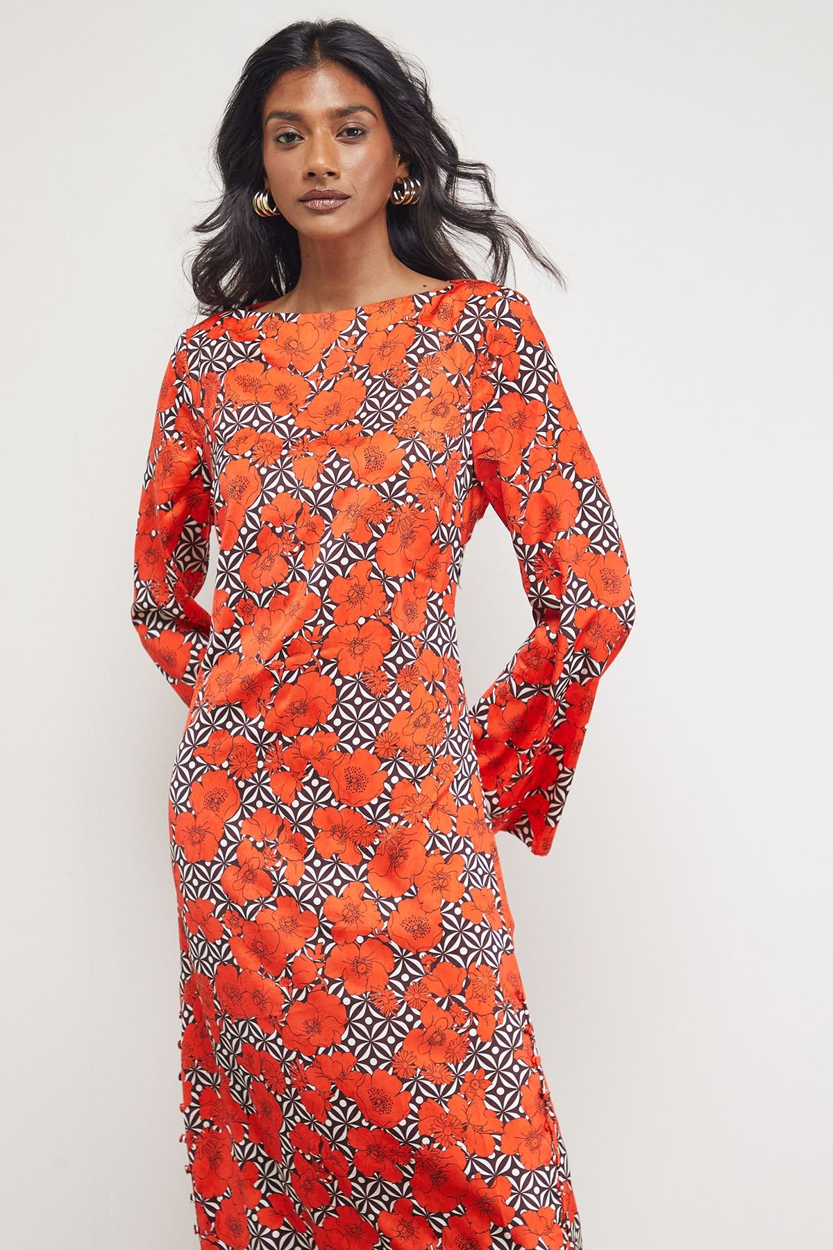 Warehouse Warehouse Women's Floral Crinkle Satin Bias Button Side Midi Dress in Orange - 4