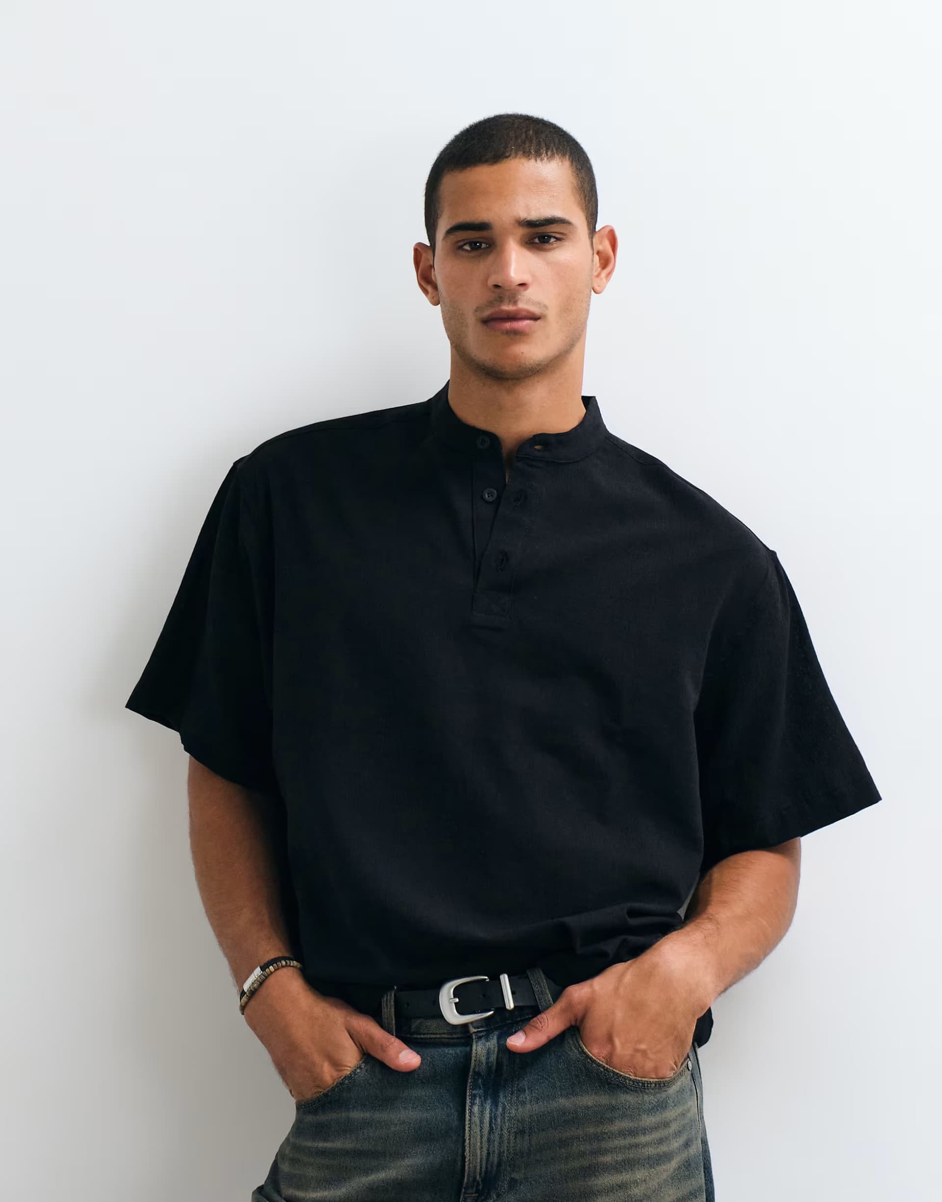 ASOS ASOS DESIGN boxy oversized linen look shirt with henley collar in black