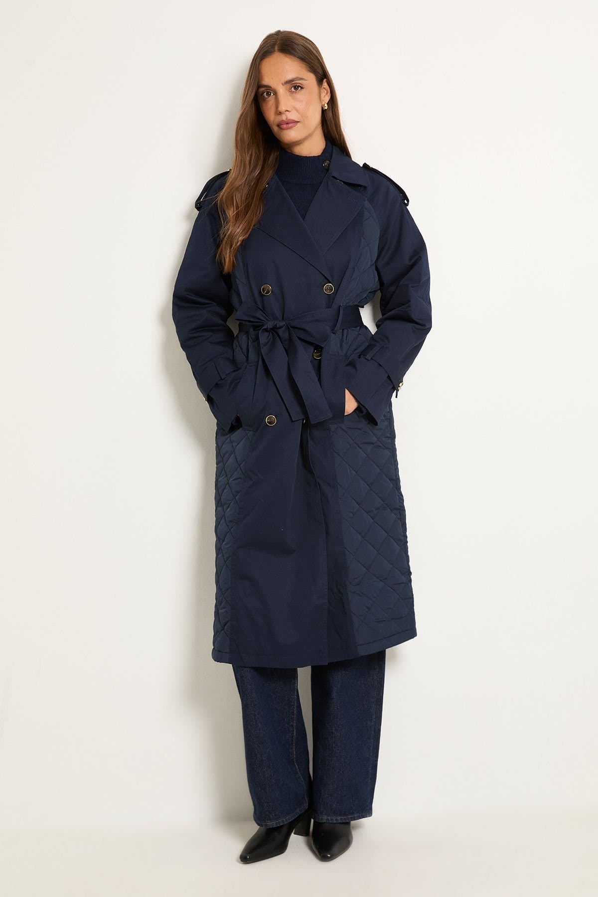 Wallis Wallis Women's Padded Belted Trench Coat in Navy