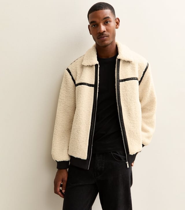New Look Men's Off White Regular Borg Taped Jacket New Look - 2