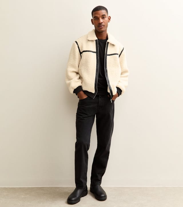 New Look Men's Off White Regular Borg Taped Jacket New Look - 3