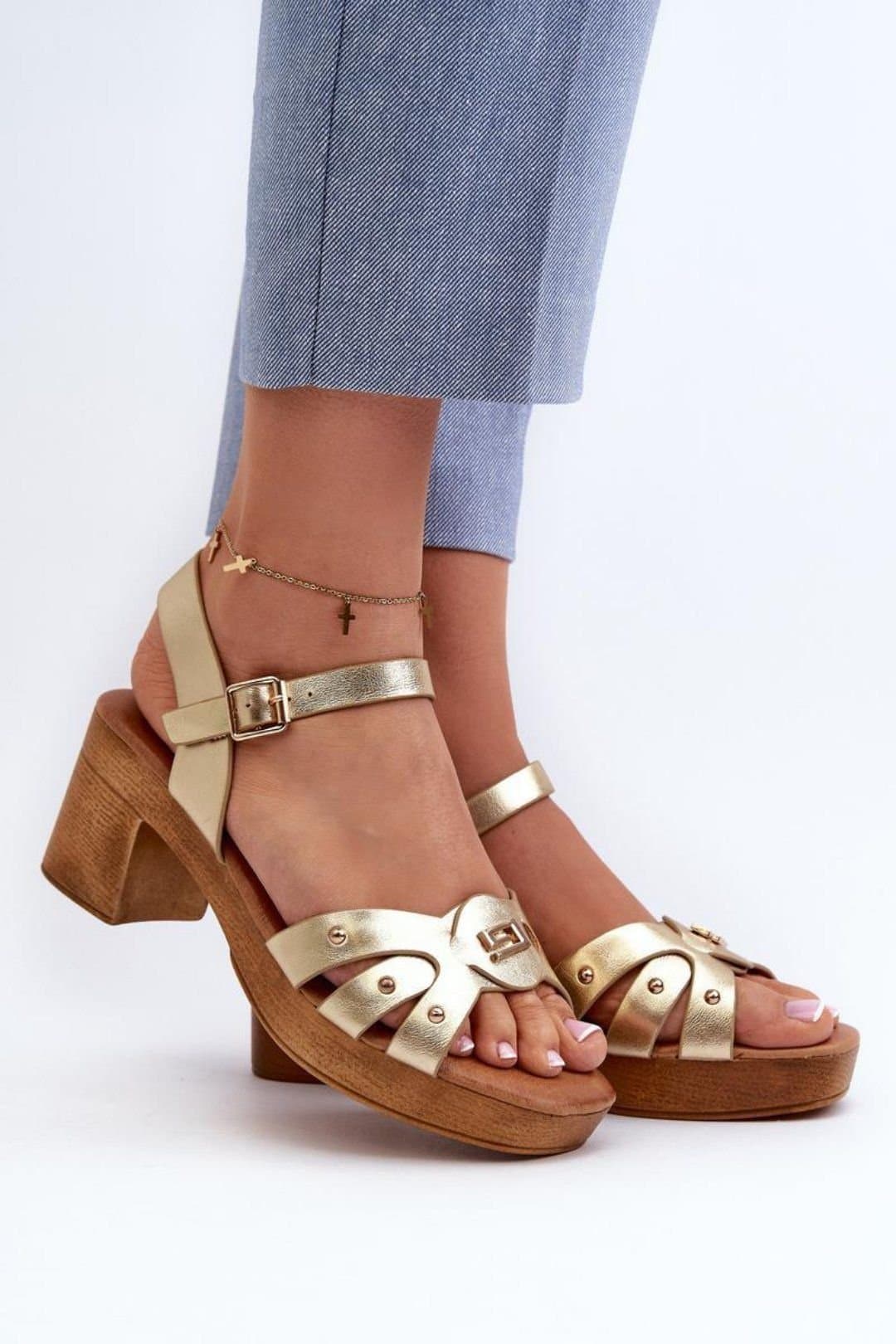 Love Lace Love Lace Women's Lightweight Heel Sandals with Soft Insole & Buckle Strap in Metallic Gold