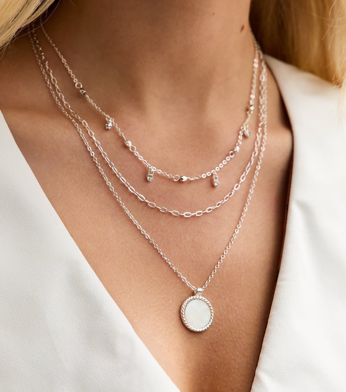 New Look Silver Tone 3 Layer Multi Chain Faux Semi Precious Pendant Necklace New Look