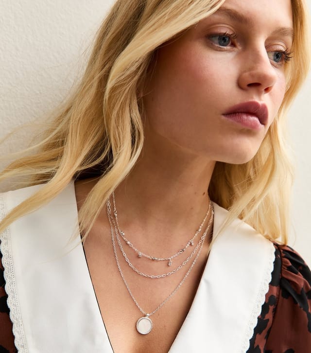 New Look Silver Tone 3 Layer Multi Chain Faux Semi Precious Pendant Necklace New Look - 2