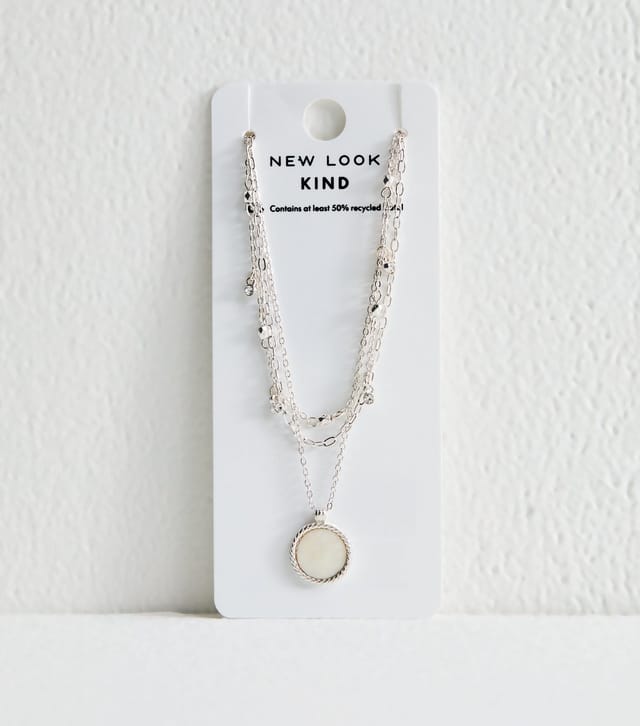 New Look Silver Tone 3 Layer Multi Chain Faux Semi Precious Pendant Necklace New Look - 3