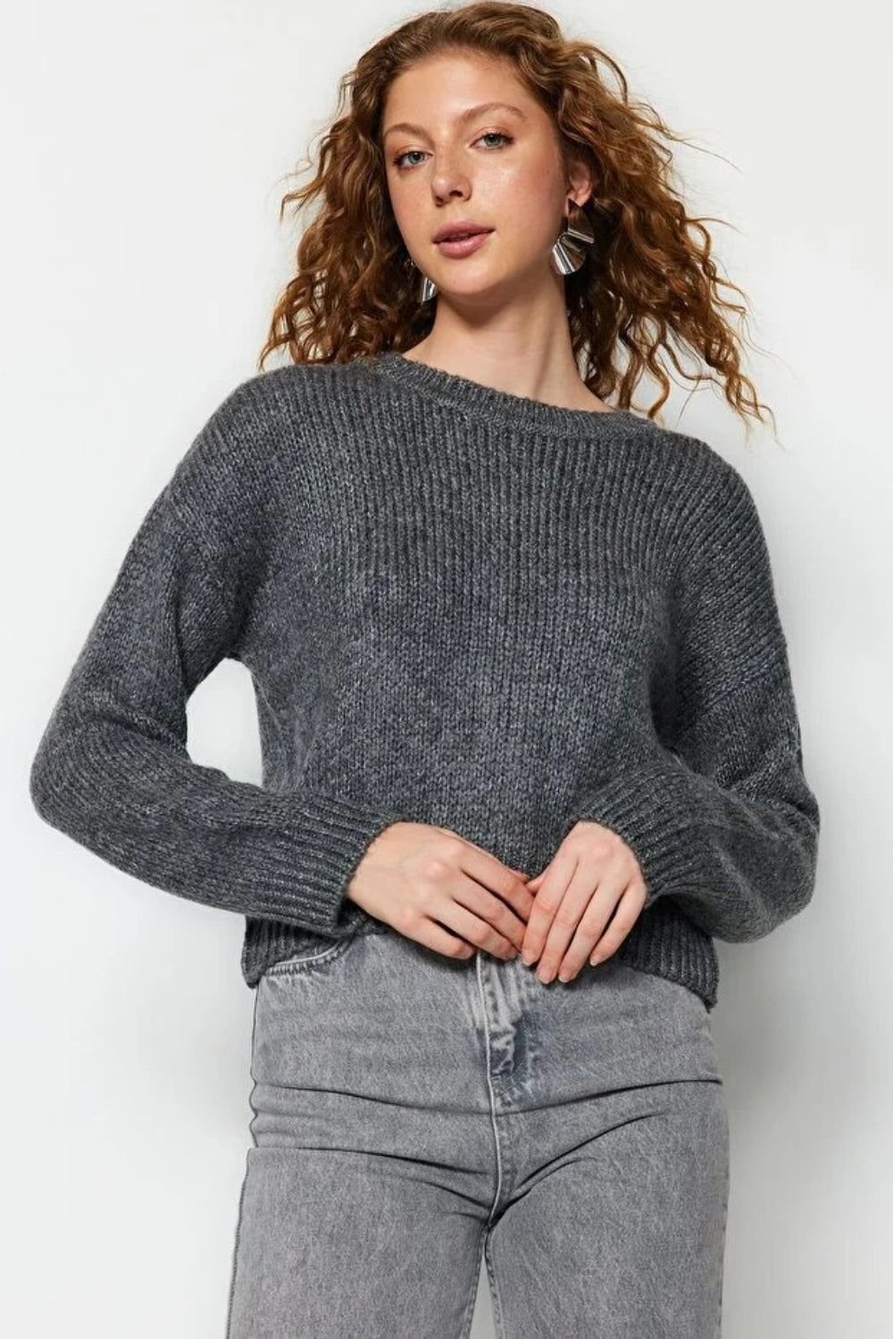 HOXTON GAL HOXTON GAL Women's Oversized Crew Neck Knit Sweater in Dark Grey - 2