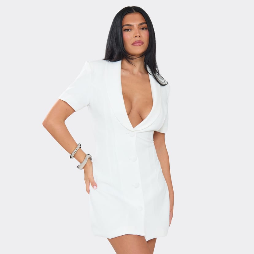 EGO Short Sleeve Plunge Front Cinched Waist Tailored Mini Dress In Ivory, Women's Size UK 6 - 1