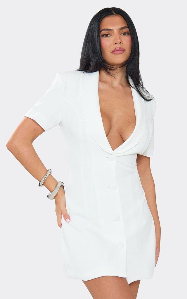 EGO Short Sleeve Plunge Front Cinched Waist Tailored Mini Dress In Ivory, Women's Size UK 6 - 2