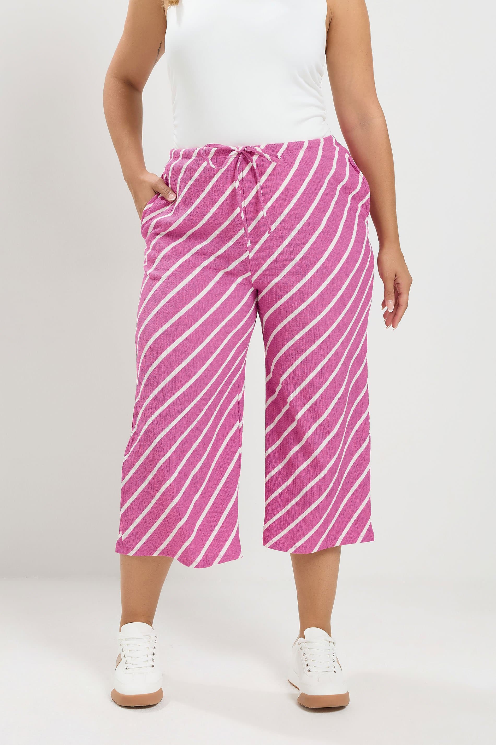 Yours Plus Size Pink Striped Crinkle Culottes