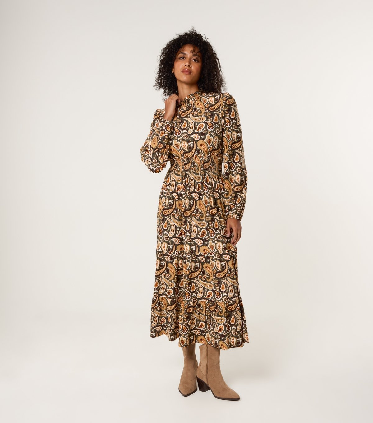 Blue Vanilla Women's Khaki Paisley Print High Neck Midi Dress Blue Vanilla New Look - 3