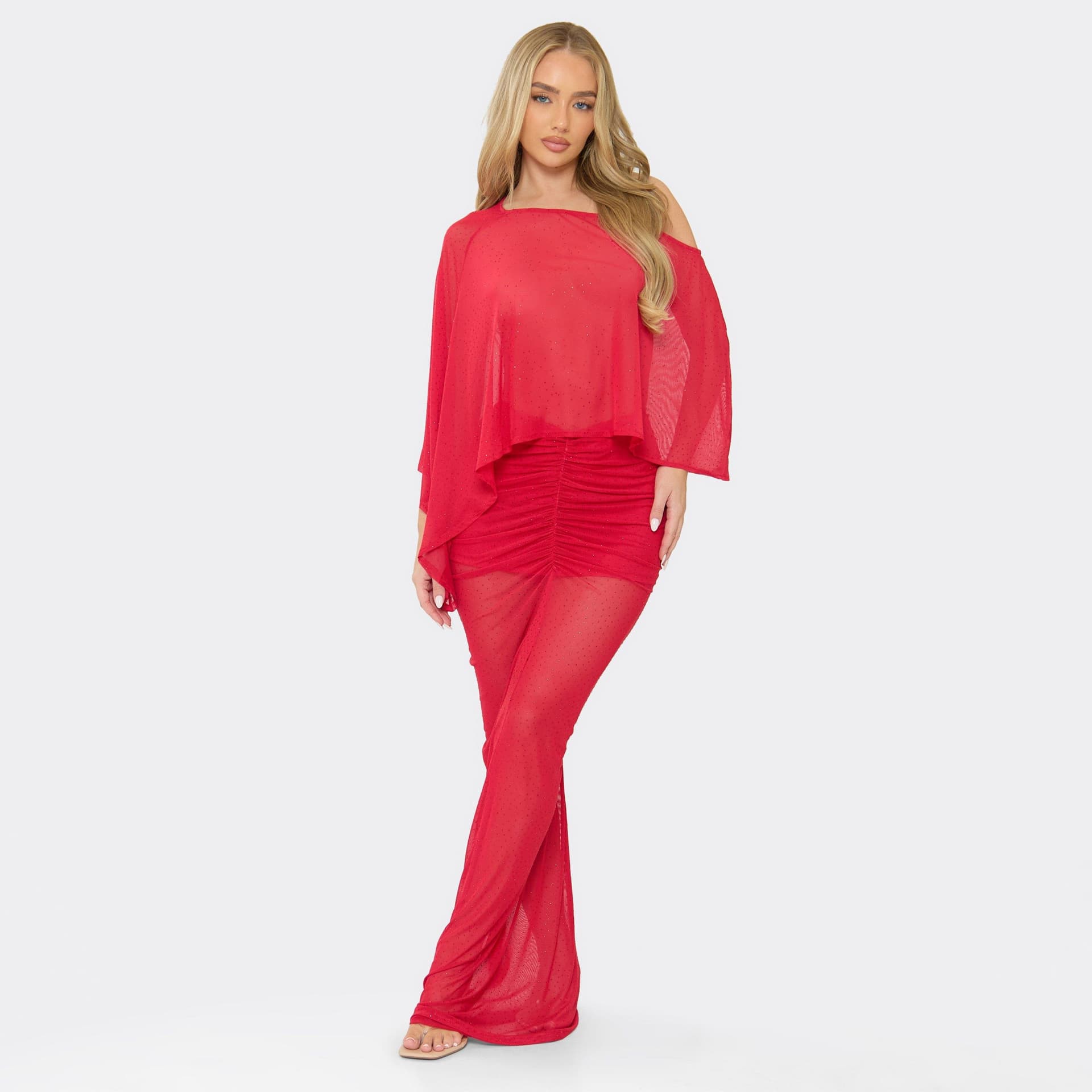 EGO Off The Shoulder Cape Top And Ruched Maxi Skirt Co-Ord Set In Red Diamante Mesh, Women's Size UK L
