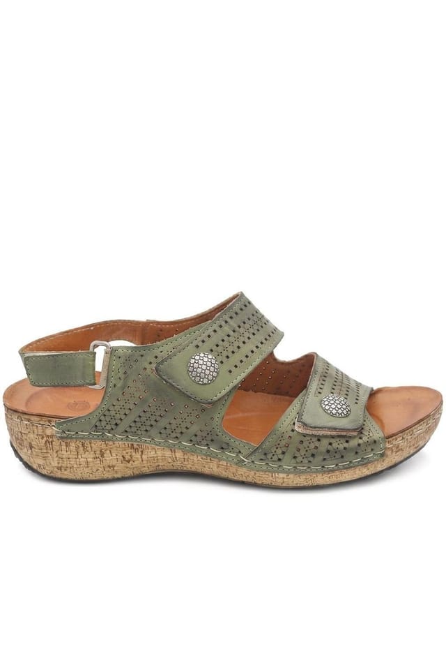 Pavers Pavers Women's Leather Triple Adjustable Strap Sandals in Khaki - 2
