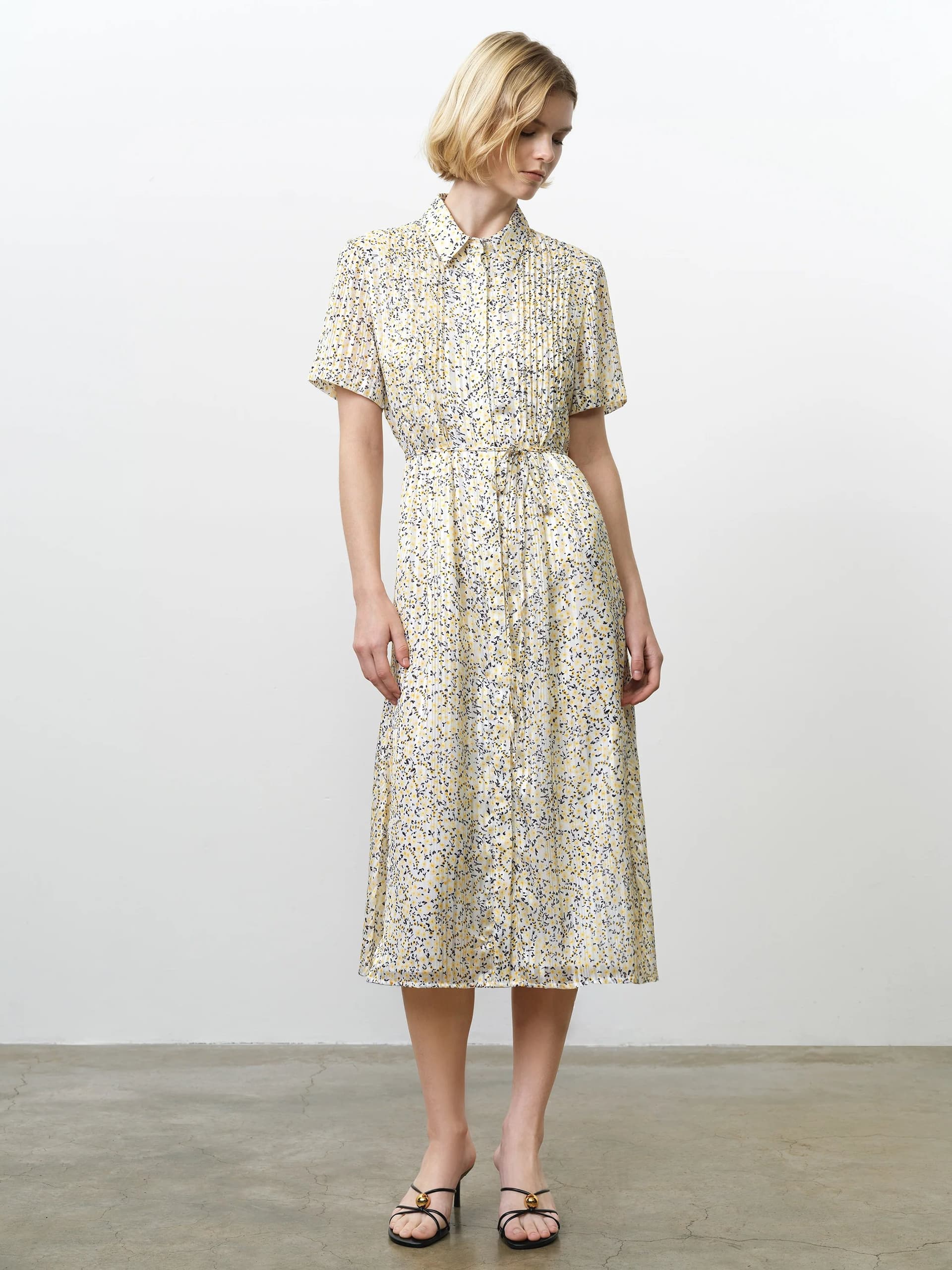 French Connection Bonnie Julia Satin Shirt Dress White Yellow Multi