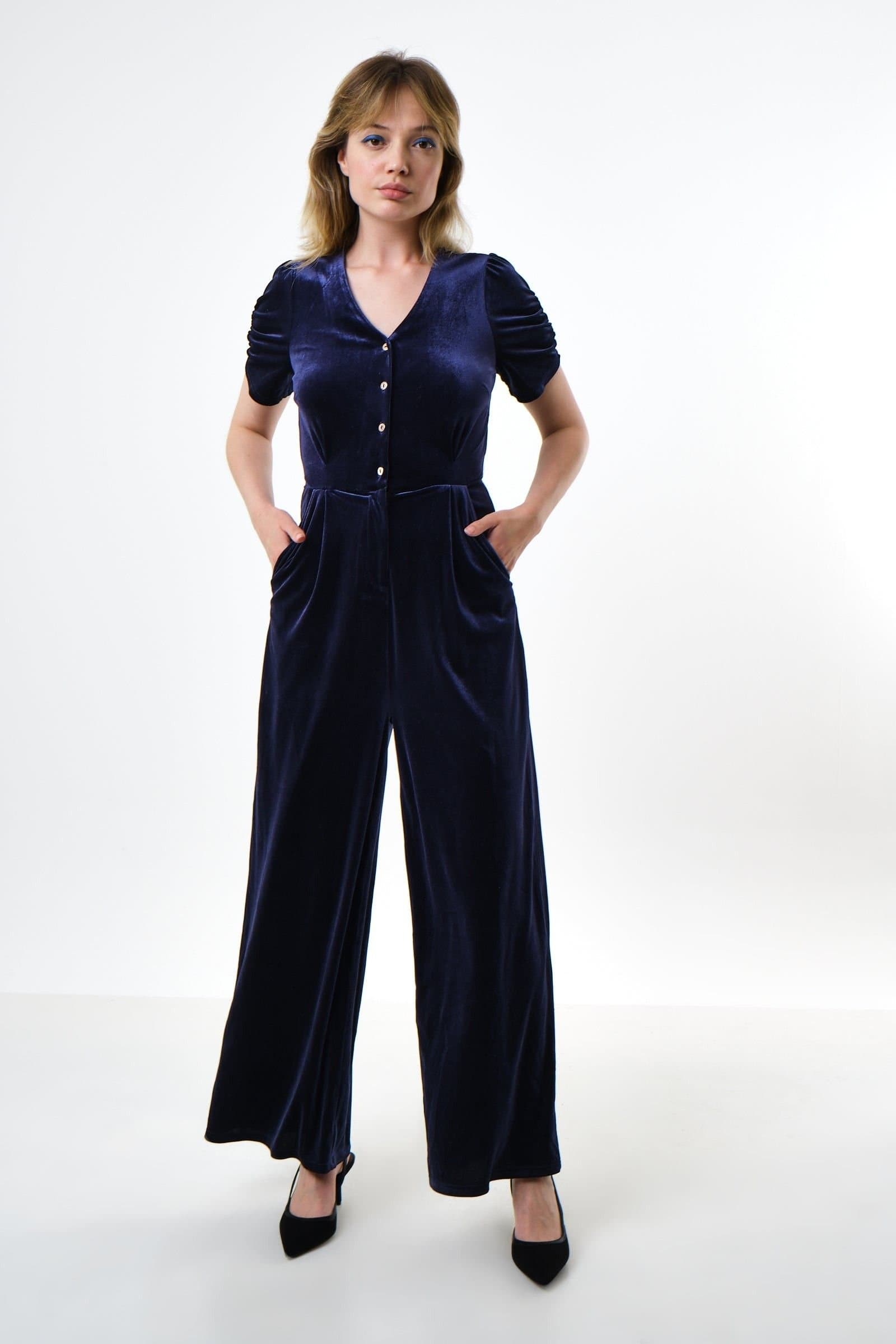 Louche Louche Women's Lyes Velvet Short Sleeved Jumpsuit - Navy in Blue