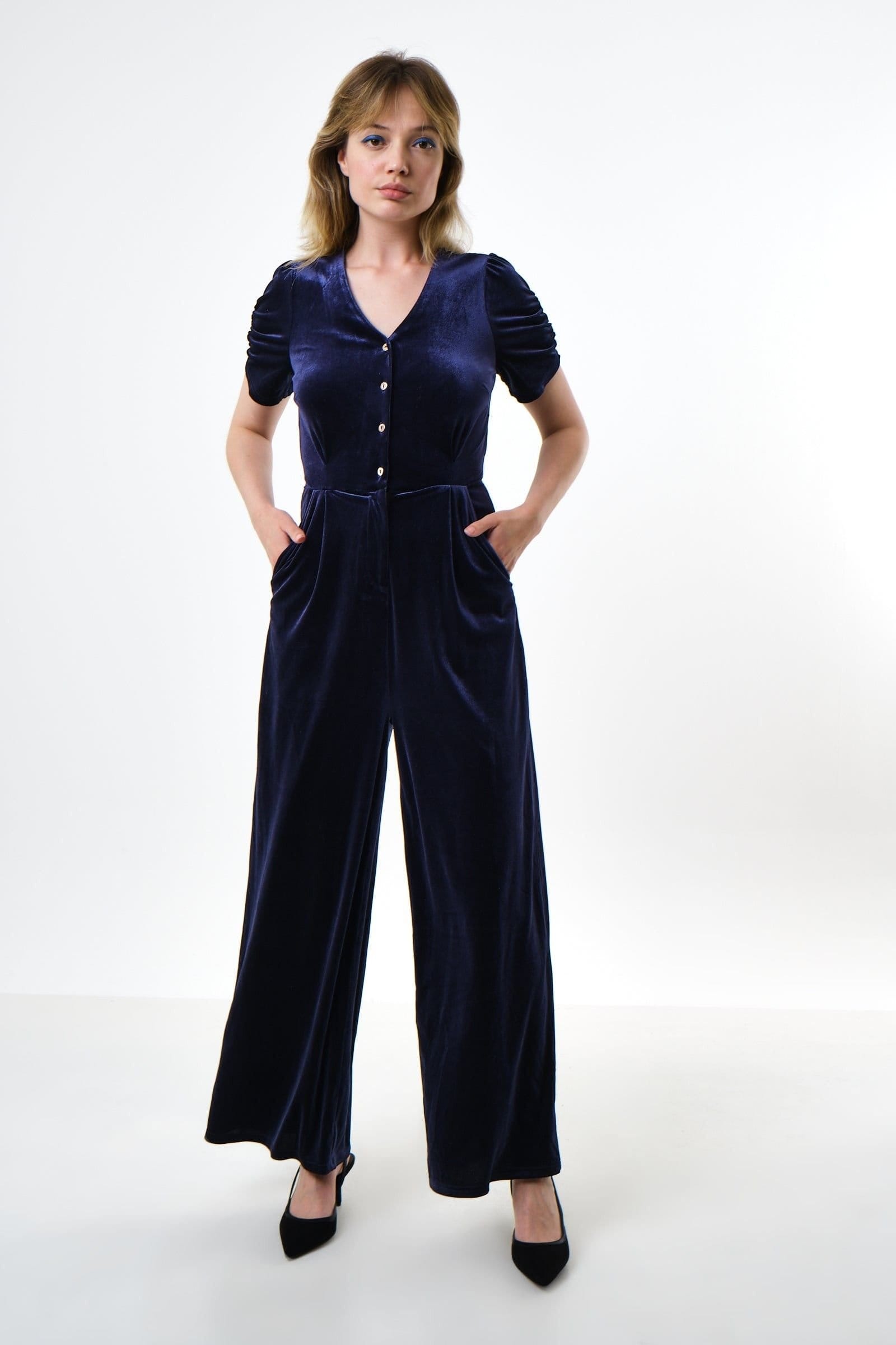 Louche Navy Velvet Wide-Leg Jumpsuit