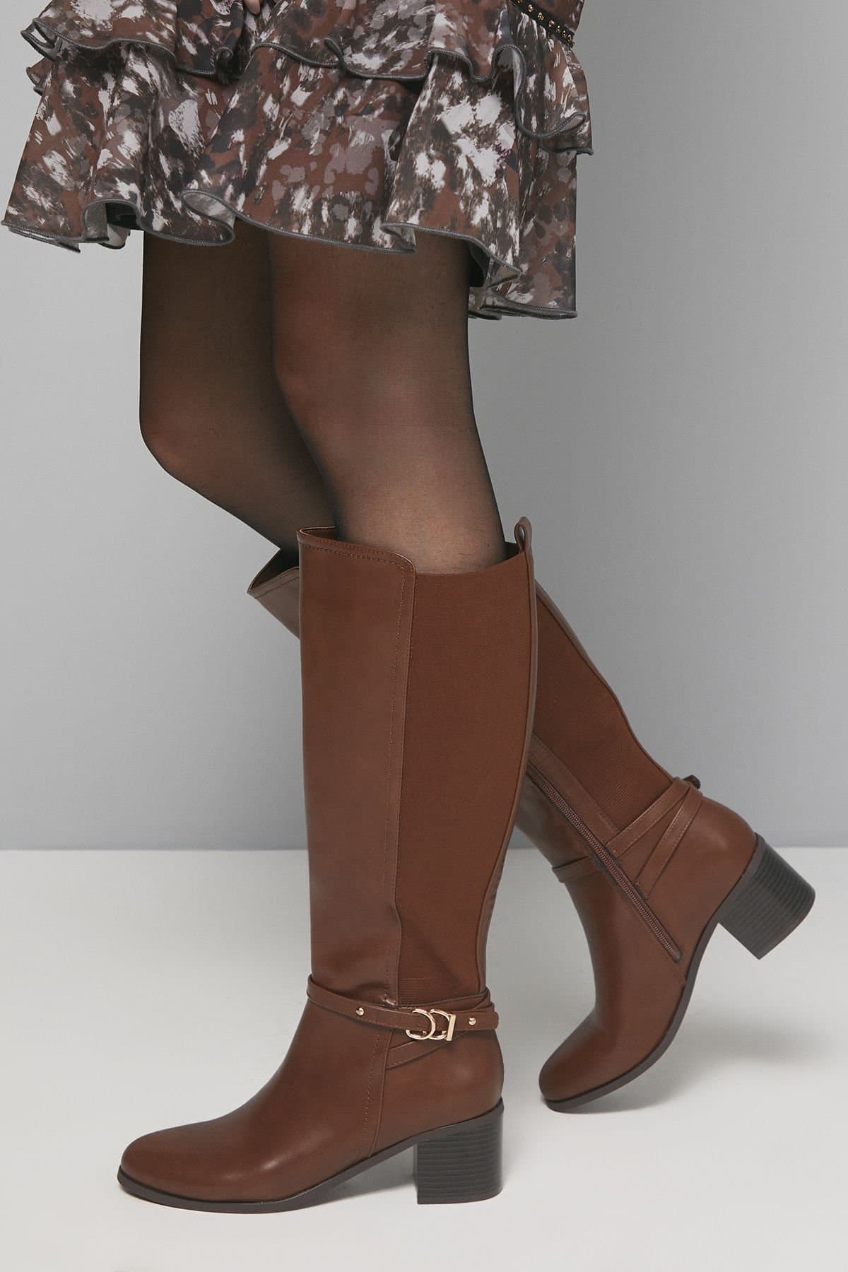Wallis Wallis Women's Hills Faux Leather Back Stretch Mid Block Heel Knee Boots in Dark Tan