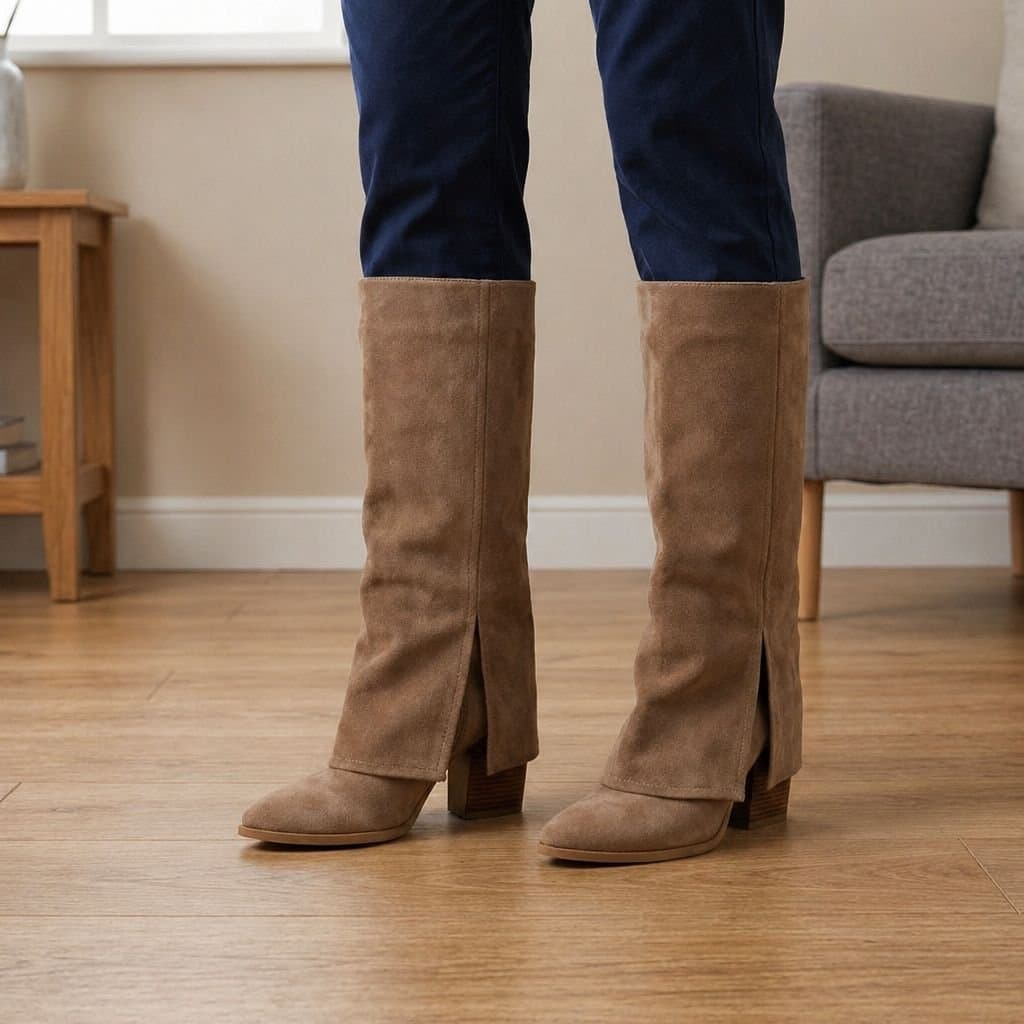 Truffle Collection Truffle Collection Women's Knee Boots Zip Microfibre Pointed Toe Block Heel Shoes in Taupe