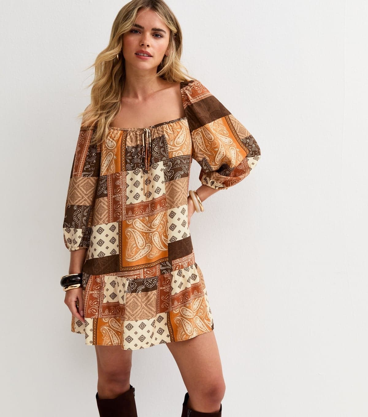 New Look Women's Petite Brown Patchwork Smock Mini Dress New Look