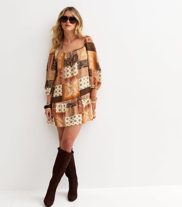 New Look Women's Petite Brown Patchwork Smock Mini Dress New Look - 3