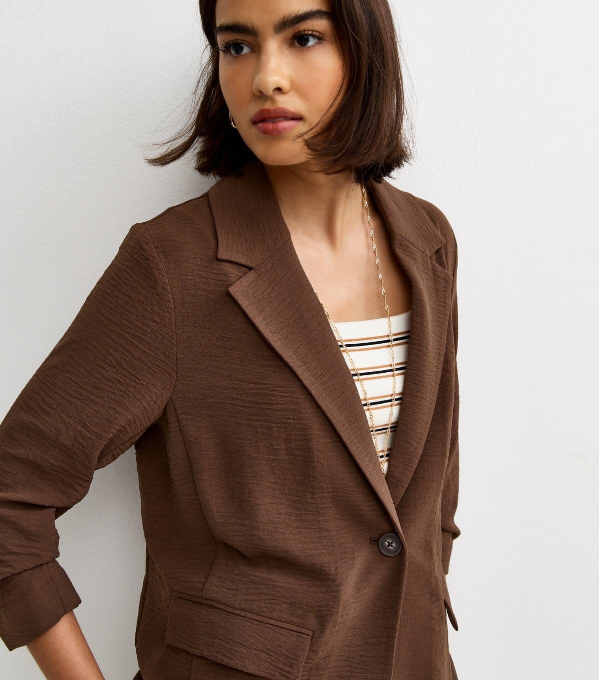 New Look Women's Dark Brown Ruched Sleeve Blazer New Look - 4