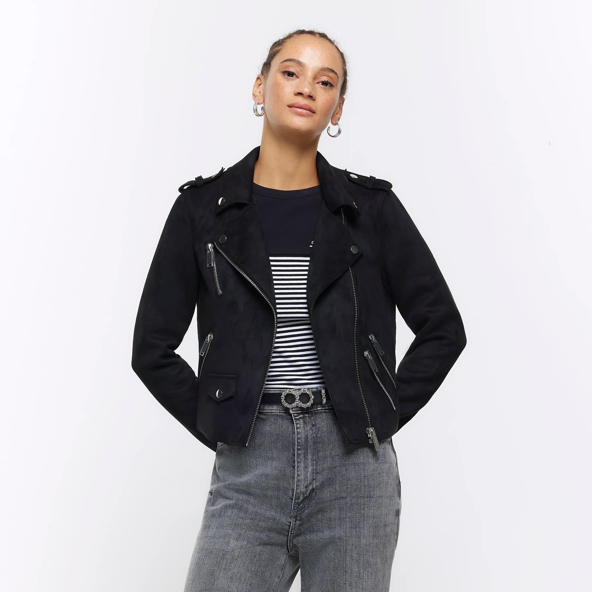 River Island River Island Womens Black Suedette Crop Biker Jacket