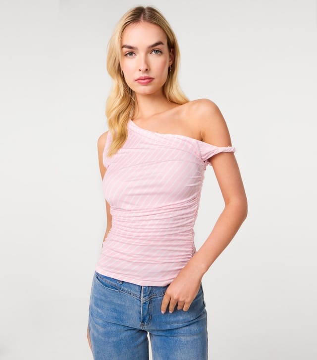 Pink Vanilla Women's Light Pink Stripe Aymmetric Top Pink Vanilla New Look - 3