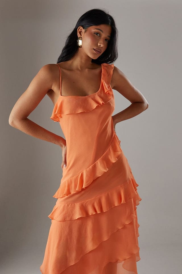 Warehouse Warehouse Women's Chiffon Asymmetric Hem Ruffle Midi Slip Dress in Peach - 2