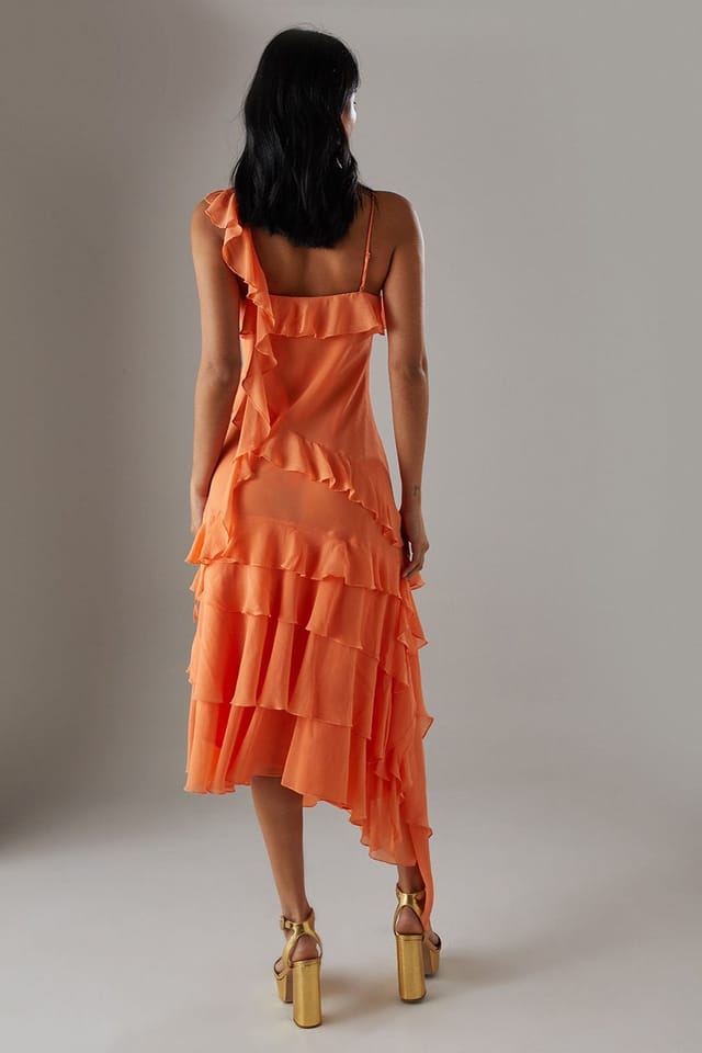 Warehouse Warehouse Women's Chiffon Asymmetric Hem Ruffle Midi Slip Dress in Peach - 3