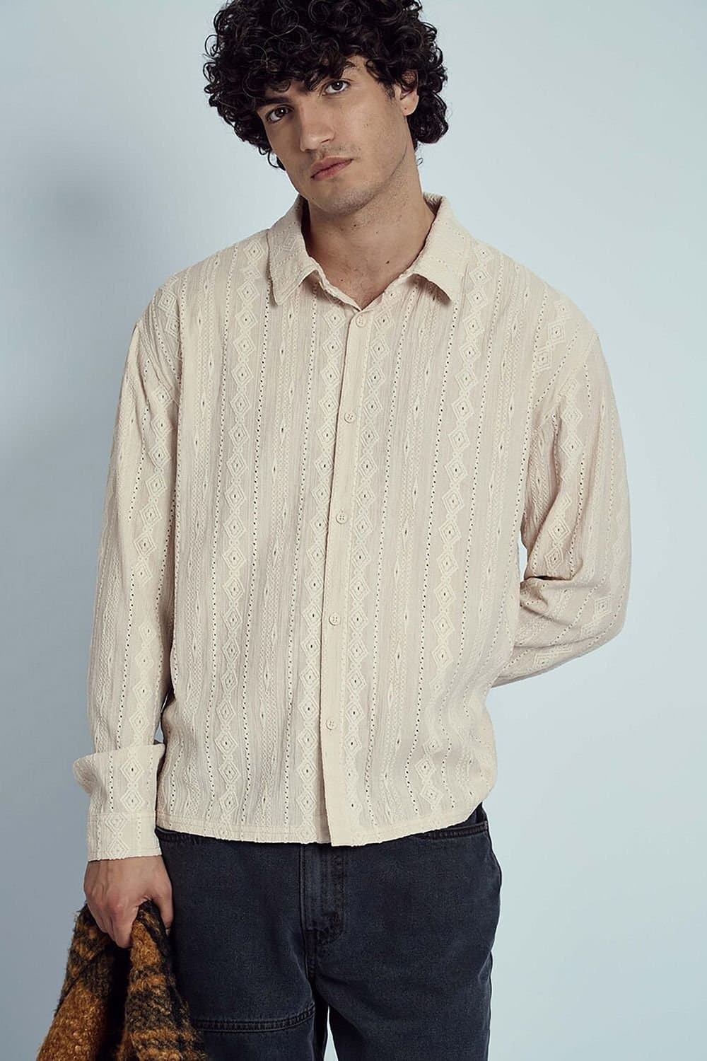 Native Youth Native Youth Men's Long Sleeve Jacquard Diamond Stripe Shirt in Cream