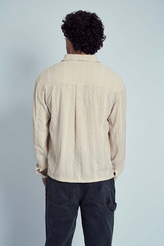 Native Youth Native Youth Men's Long Sleeve Jacquard Diamond Stripe Shirt in Cream - 2