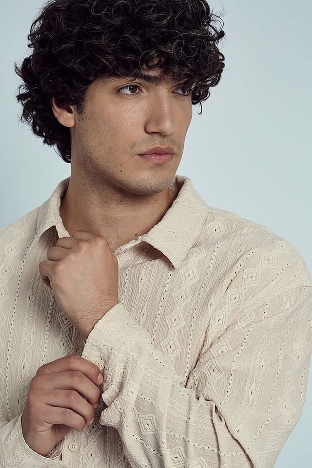 Native Youth Native Youth Men's Long Sleeve Jacquard Diamond Stripe Shirt in Cream - 3