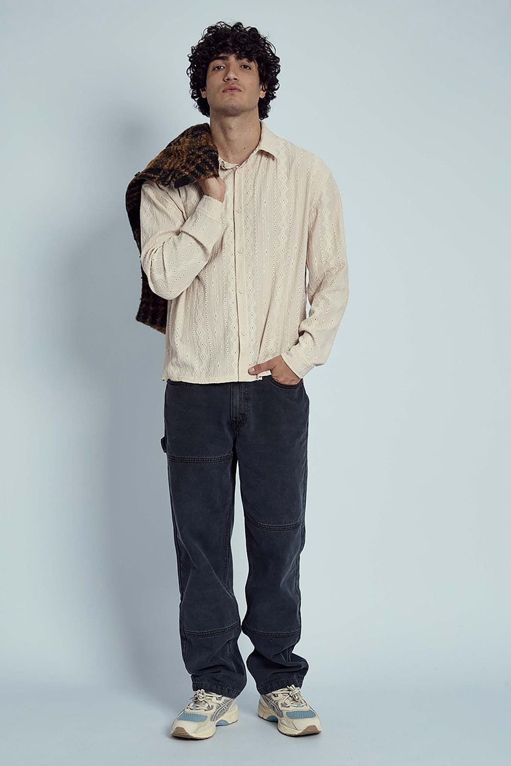 Native Youth Native Youth Men's Long Sleeve Jacquard Diamond Stripe Shirt in Cream - 4