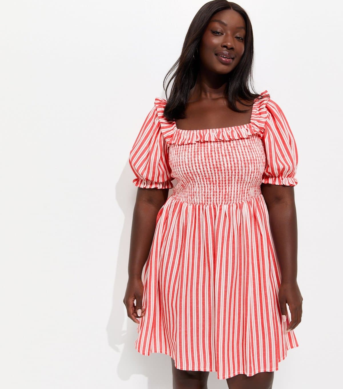 New Look Women's Plus Size Red Cotton Rich Striped Shirred Mini Dress Curves New Look