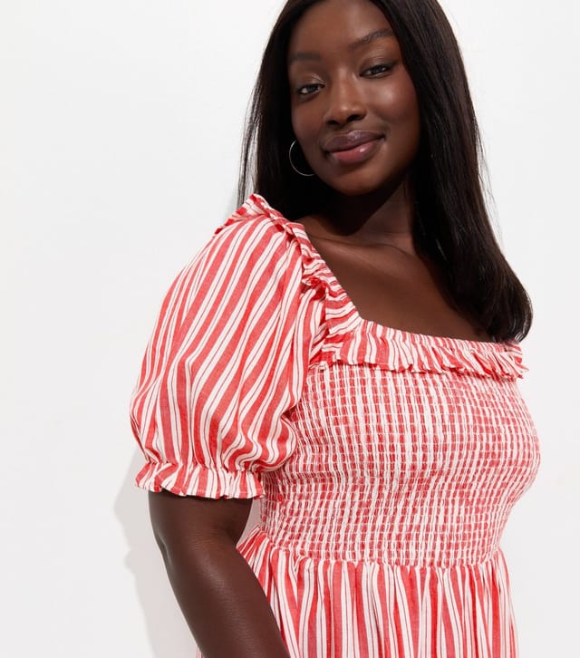 New Look Women's Plus Size Red Cotton Rich Striped Shirred Mini Dress Curves New Look - 2