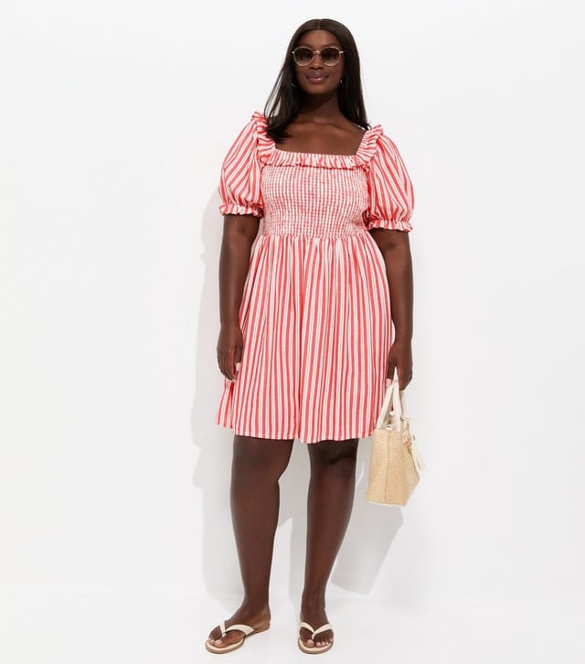 New Look Women's Plus Size Red Cotton Rich Striped Shirred Mini Dress Curves New Look - 3
