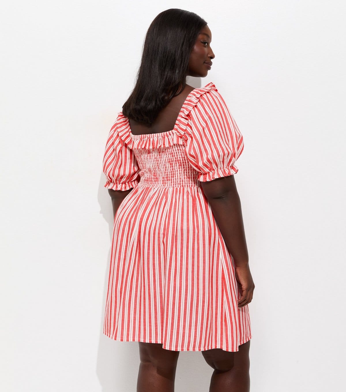New Look Women's Plus Size Red Cotton Rich Striped Shirred Mini Dress Curves New Look - 4
