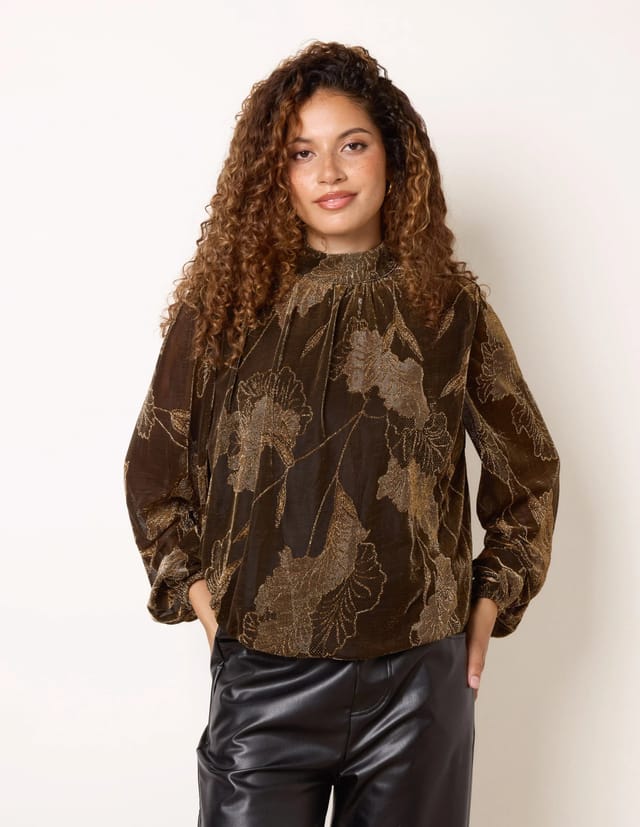 Blue Vanilla Metallic Floral High Neck Puff Ball Blouse - 3
