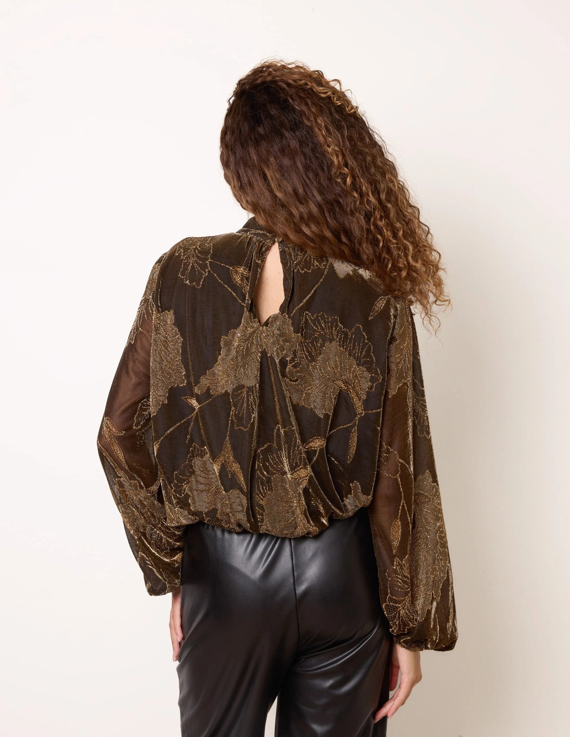 Blue Vanilla Metallic Floral High Neck Puff Ball Blouse - 4