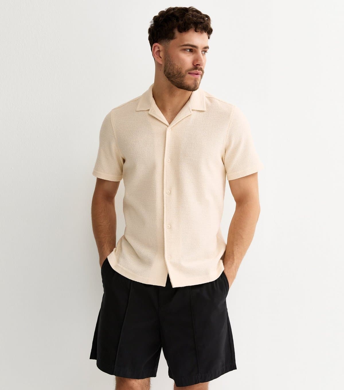 New Look Men's Cream Boucle Textured Regular Polo Shirt New Look